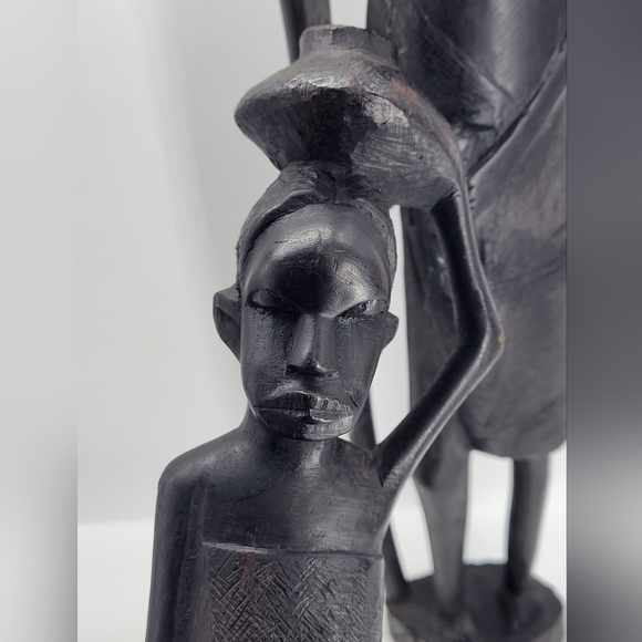 Vintage Married African Wooden Hand Carved Warrior Tribal W/Spear/Carrying Water - Picture 5 of 15